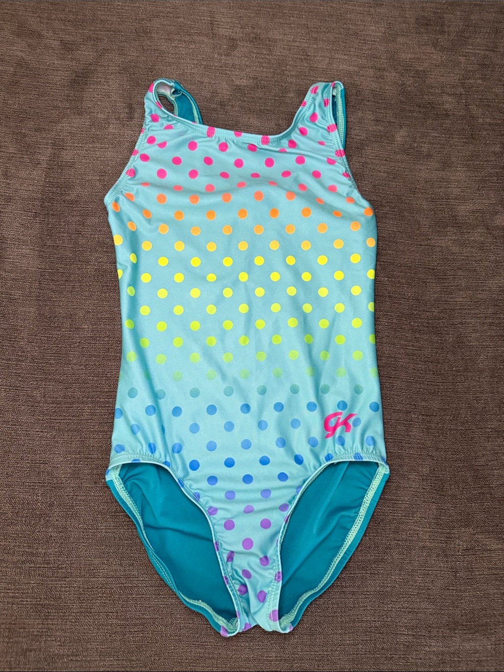 GK Elite Kids Aqua Polka Dot Leotard - Rainbow Dots